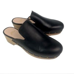 J Crew Size 8 Black Leather Slip On Wooden Clogs Shoes Mules AQ675 studded New